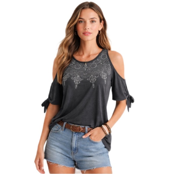 Lucky Brand Tops - NWT Lucky Brand Embroidered Cold Shoulder Top Black Boho — Size M